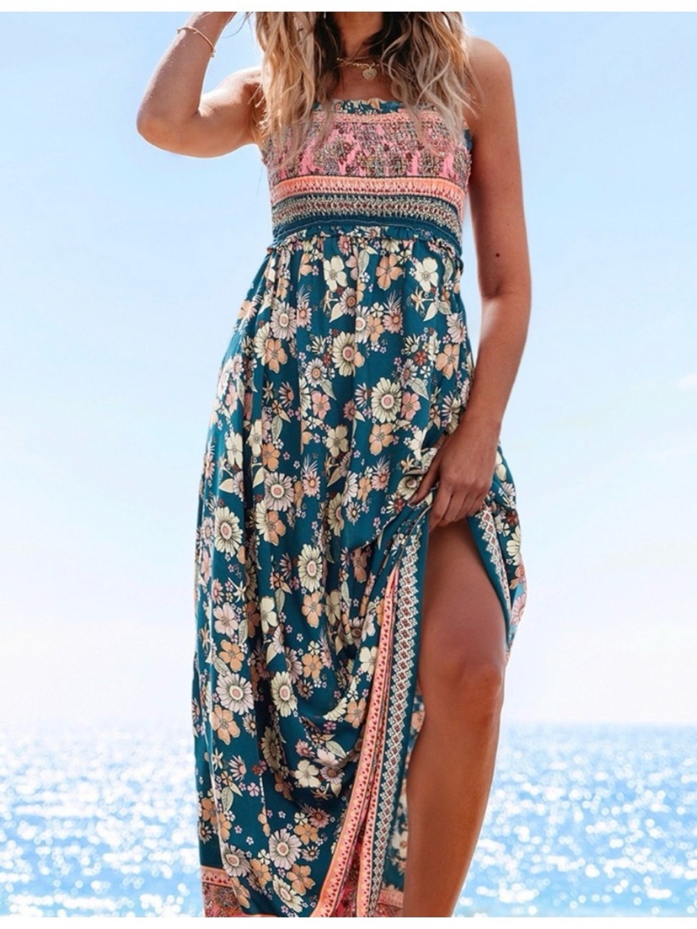 Cupshe Floral Maxi Dress - Teal and Pink